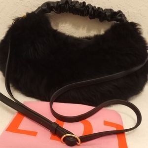 Black Faux Fur Hobo Bag with Ruched Handle